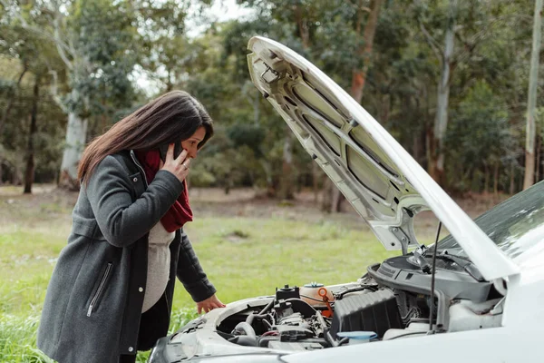 Hamile kadın, bozuk araba motoruna bakarken telefonla konuşuyor.