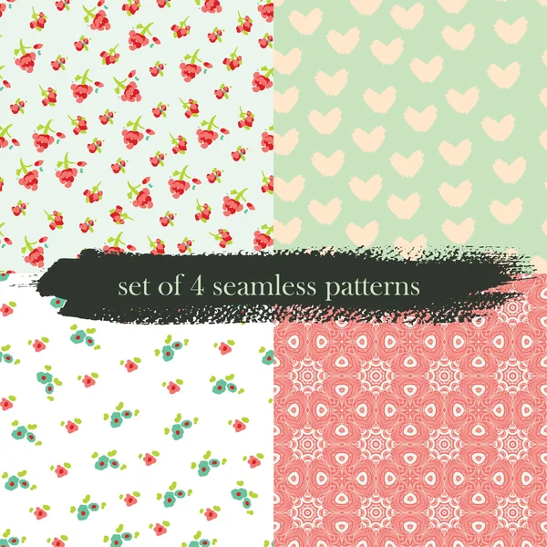 4 Dikişsiz desen seti. Çiçekler, Kalpler, geometrik desenler ile Seamless Modeli.