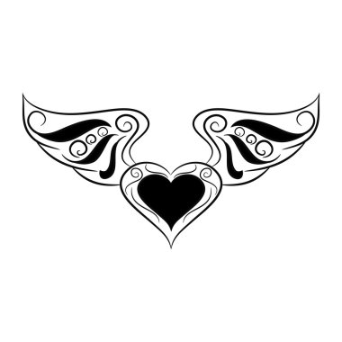 kanatlı beyaz arka plan üzerinde siyah beyaz kalp