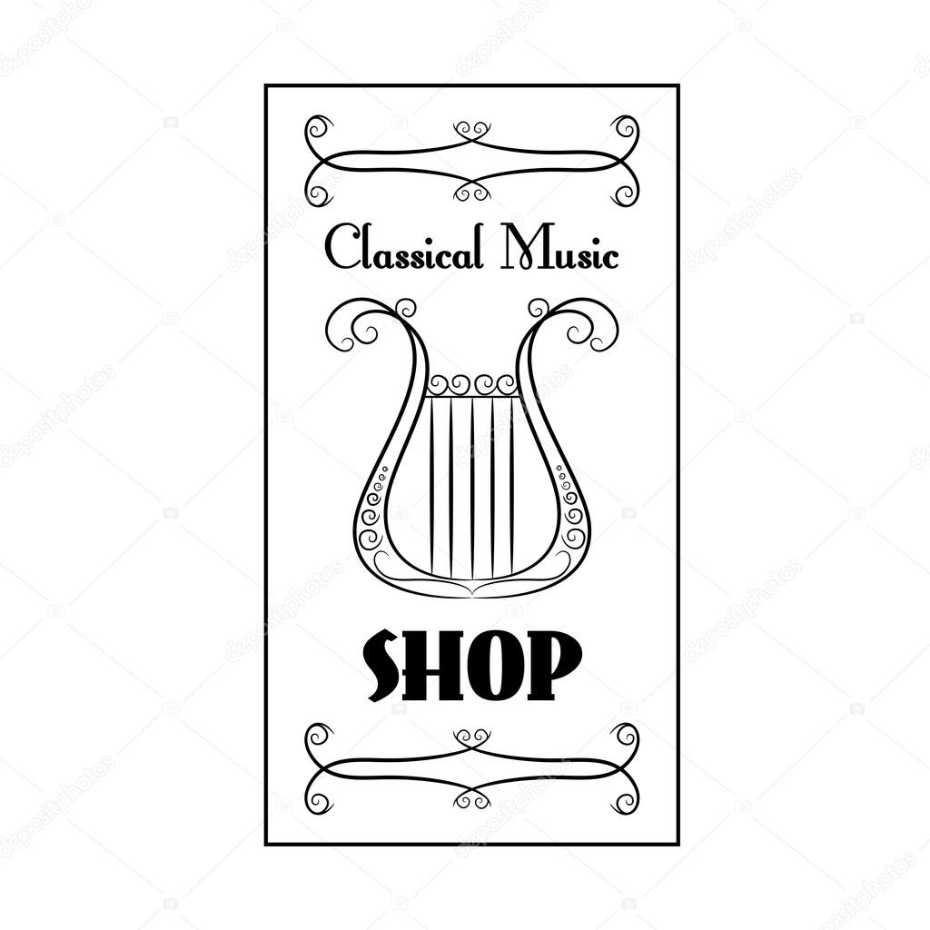 Black and white vintage poster classical music shop with the image of a harp on the white background
