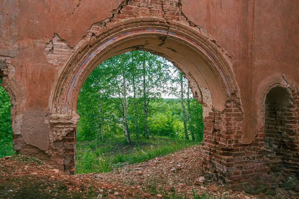 The arch is the main gate. An old ruined church. Inside view. Birch trees and a green forest grow in the background.