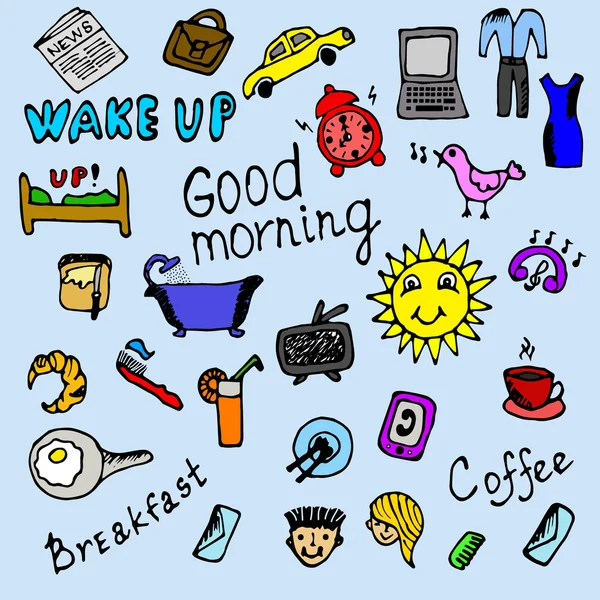 Colored morning icons set hand drawn. Vector illustration. — Stock Vector