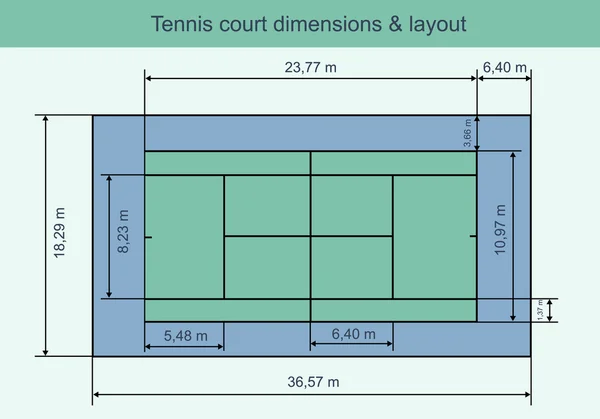 Nagy teniszpálya méretekkel és elrendezéssel — Stock Vector