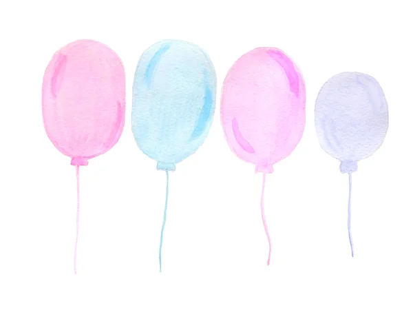 Hand painted real watercolor pink and blue balloons on a white b — Zdjęcie stockowe