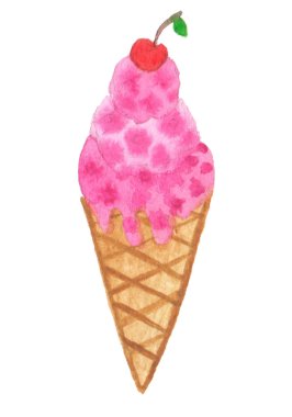 Kiraz ile el boyalı gerçek suluboya dondurma konisi