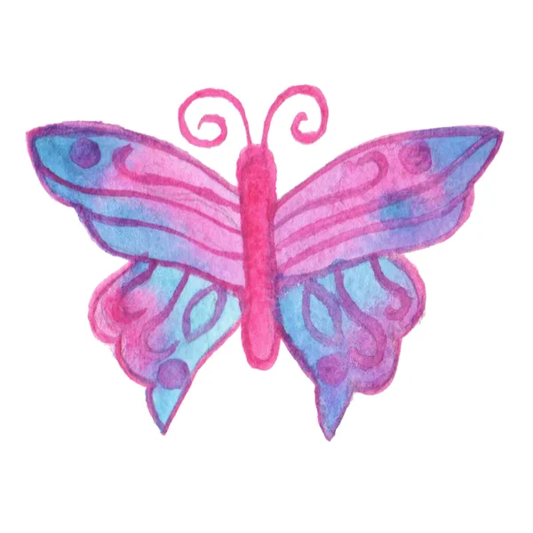 Handbemalter echter Aquarell rosa und blauer Schmetterling — Stockfoto