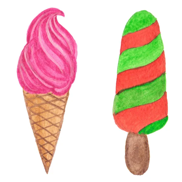 손으로 그린 실제 수채화 아이스크림 콘과 과일 얼음 그림 — 스톡 사진