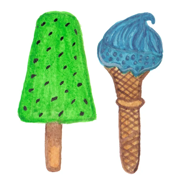 Hand painted real watercolor ice cream cone and fruit ice — Stock Photo, Image