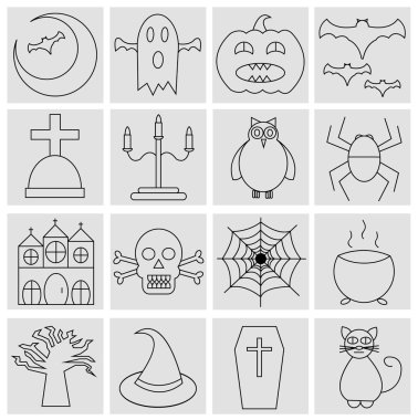 16 halloween çizgi simgeleri koleksiyonu. Ay, Hayalet, balkabağı