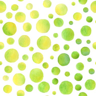 Renkli el çizilmiş gerçek suluboya ile kusursuz desen sarı, yeşil noktalar. Soyut grunge dikişsiz desen. Lekeler, beyaz arka plan üzerinde sıçramaları.