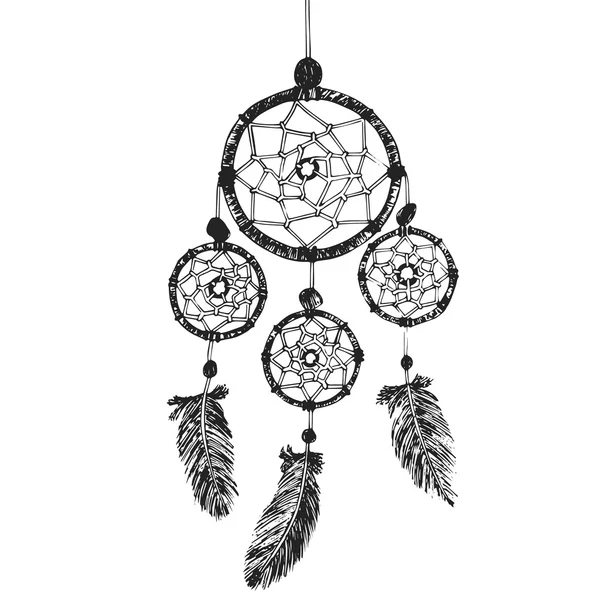 Desenhado à mão com tinta dreamcatcher com penas. Ilustração étnica, tribal, Índios americanos símbolo tradicional . — Vetor de Stock