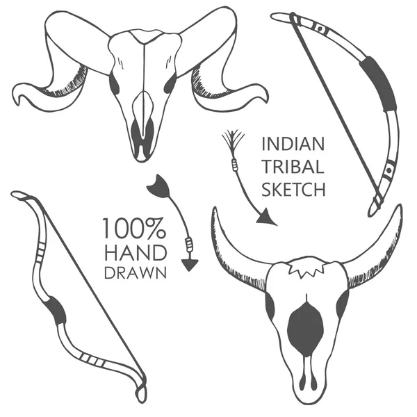 Hand getrokken met inkt schets illustratie met Bow, Bull schedels, pijlen. Tribal, Native American Indian illustratie. Vector achtergrond. — Stockvector