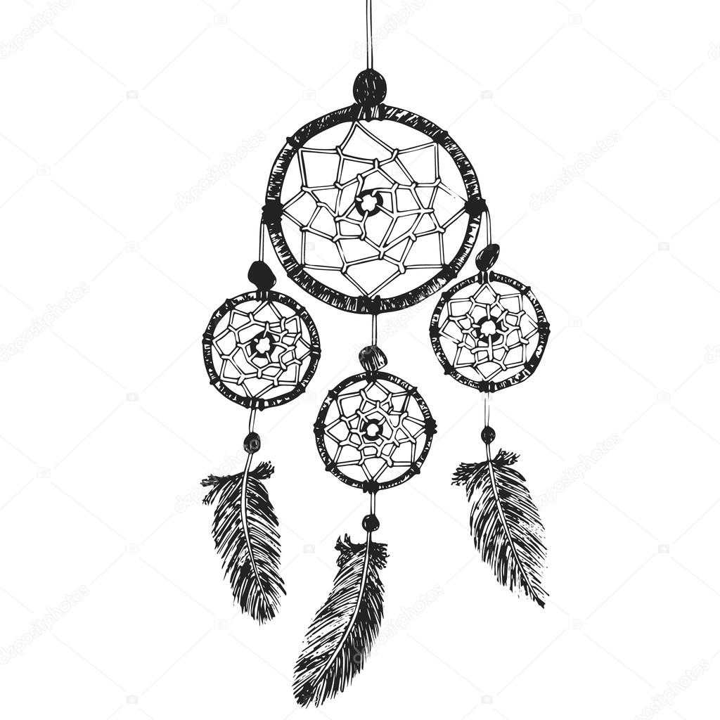 Hand-drawn with ink dreamcatcher with feathers. Ethnic illustration, tribal, American Indians traditional symbol.