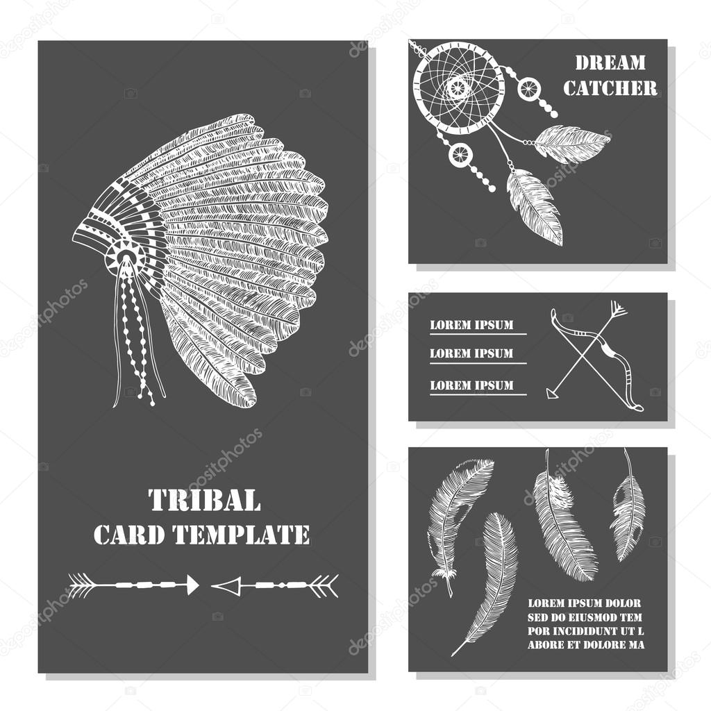 Set of tribal, ethnic, indian business card with feathers, bow, headdress. Vector background tepmlate. Card or invitation. Vintage decorative hand drawn elements.