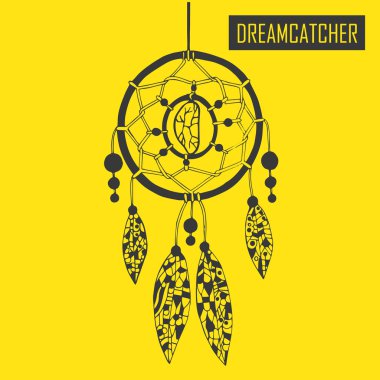 Tüylü mürekkepli rüya avcısıyla elle çizilmiş. Etnik illüstrasyon, kabile, Amerikan Kızılderililer geleneksel sembolü.