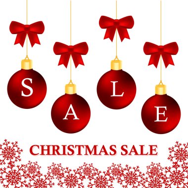 Kırmızı yay ile satış ve indirim noel topları ayarlayın. Vektör çizimi.