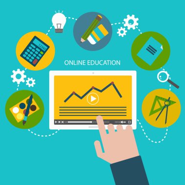 Çevrimiçi eğitim ve öğrenim için düz tasarım simgelerinin vektör illüstrasyonu. Web, mobil hizmetler, afişler için şablon.