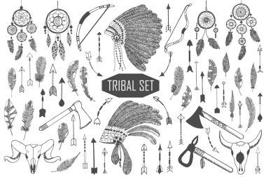 Hand drawn tribal set with bows, axes, arrows, feathers, dreamcatchers, bull skulls, war headdress elements. Vector ethnic, indian, aztec, hipster illustration. clipart