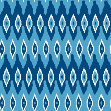 Ikat damask dikişsiz desen. Tekstil, duvar kağıdı, kart veya ambalaj kağıdı için mavi ikat arka plan.