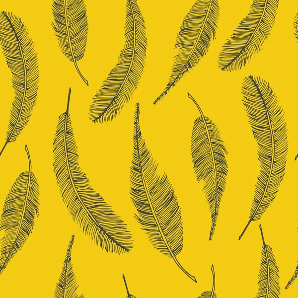 Nahtlose ethnische Muster mit Federn auf gelbem Hintergrund. Vektorillustration. — Stockvektor