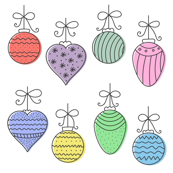 Boże Narodzenie kolorowe ręcznie rysowane okrągłe, stożek, kulki serca. Ilustracja wektorowa. — Wektor stockowy
