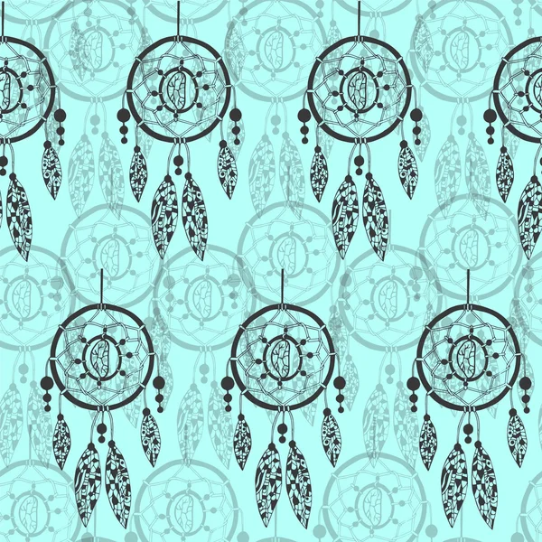 Hand-drawn with ink dreamcatcher with feathers, arrows. Seamless pattern. Ethnic illustration, tribal, American Indians traditional symbol. Stock Illustration