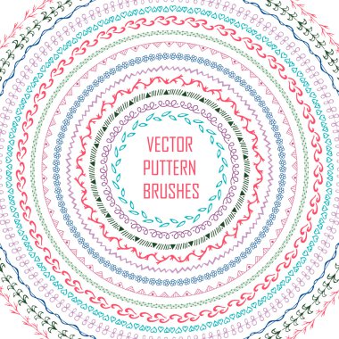 El çizilen vektör desen fırçaları kümesi. Çerçeveler, süs vuruşları ve köşe elemanları ile kenarlıklar.