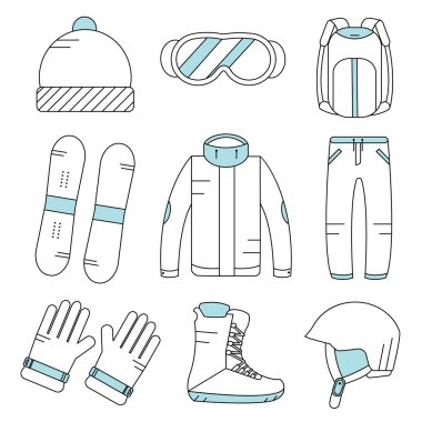Vektör lineer snowboard ekipman simgeleri ayarlayın. Kış sporları aktiviteleri simgeleri. Eldiven, bot, kask, snowboard, kayak kıyafeti, şapka, güneş gözlüğü, sırt çantası.