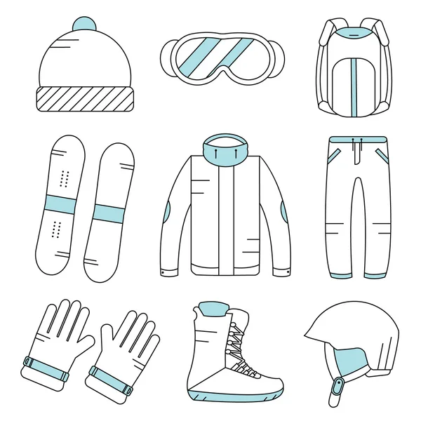 Vector linjär snowboard utrustning ikoner set. Vintersportaktiviteter ikoner. Handskar, stövlar, hjälm, snowboard, Ski Suit, hatt, solglasögon, ryggsäck. — Stock vektor