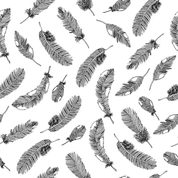 Nahtlose ethnische Muster mit schwarzen Federn auf weißem Hintergrund. Vektorillustration. — Stockvektor