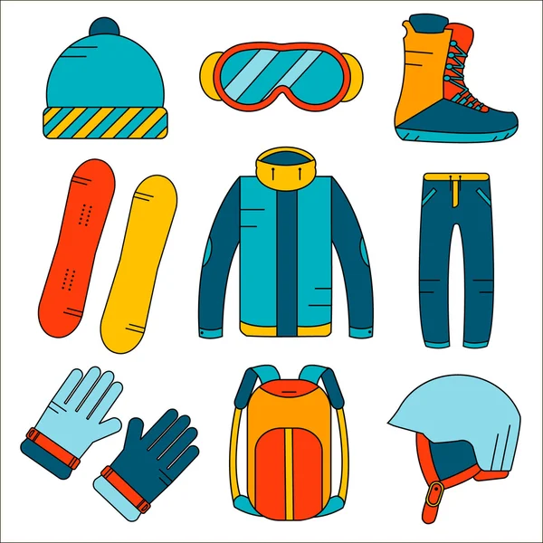 Vecteur linéaire matériel de snowboard icônes colorées ensemble. Activités sportives d'hiver icônes dans le style plat. Gants, bottes, casque, snowboard, combinaison de ski, chapeau, lunettes de soleil, sac à dos . — Image vectorielle