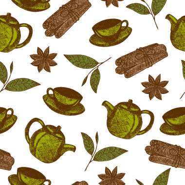 Çaydanlık, fincan, tarçın, beyaz arka plan üzerinde yaprak çay ile el çizilmiş çay kültürü nesneleri ile Dikişsiz desen. Vektör çizim illüstrasyonu.