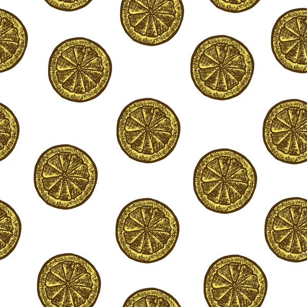 Seamless pattern with slice of lemons on the white background. Vector sketch illustration. Hand drawn background. — Διανυσματικό Αρχείο