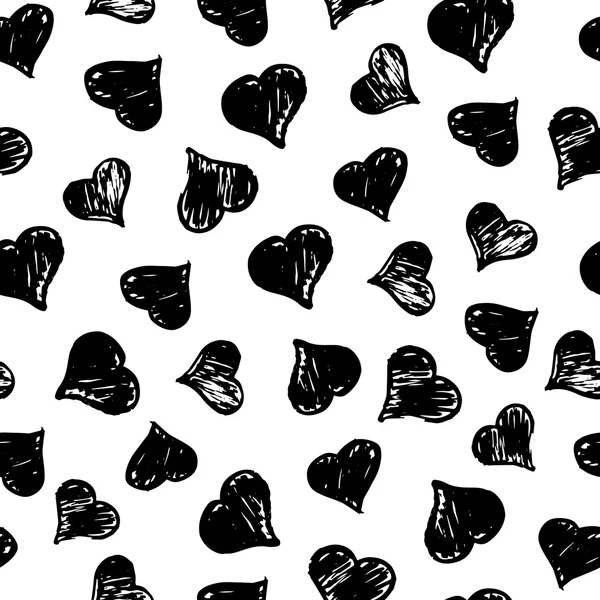Hand getekend met inkt naadloze patroon met zwarte harten. Abstracte grunge naadloze patroon. Harten op witte achtergrond. — Stockvector