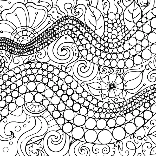 Handritad med bläck bakgrund med doodles, blommor, cirklar. Vektor mönster svartvitt illustration kan användas för tapeter, målarbok sidor för barn och vuxna. — Stock vektor