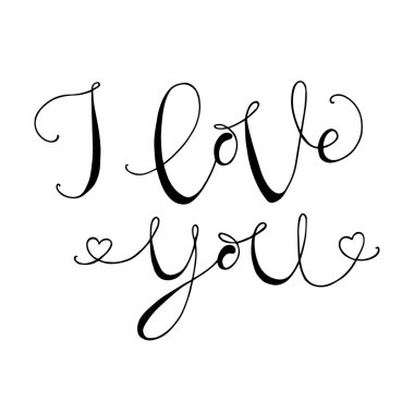 El çizilmiş romantik tipografi posteri. Güzel Alıntı Seni beyaz arka planda seviyorum. Mutlu Sevgililer Günü kutlaması için kaligrafi yazı vektör illüstrasyon.