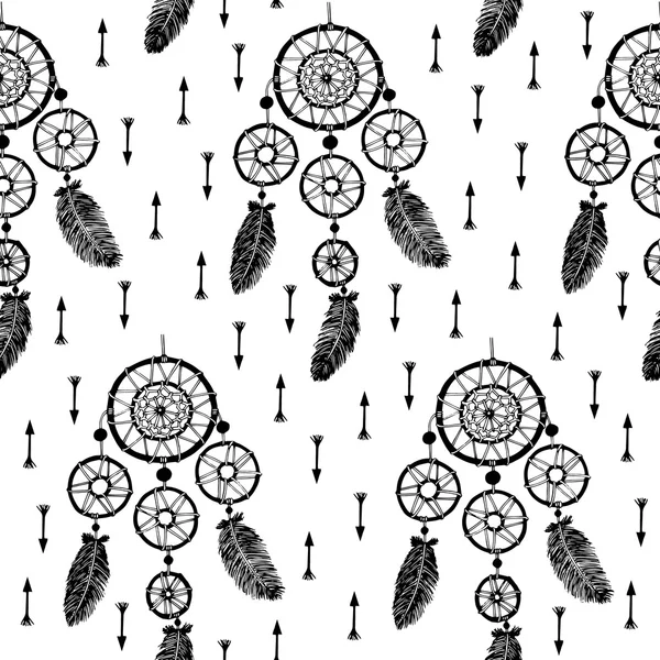 Dibujado a mano con tinta atrapasueños con plumas, flechas. Patrón sin costuras. Ilustración étnica, tribal, Indios americanos símbolo tradicional . — Archivo Imágenes Vectoriales