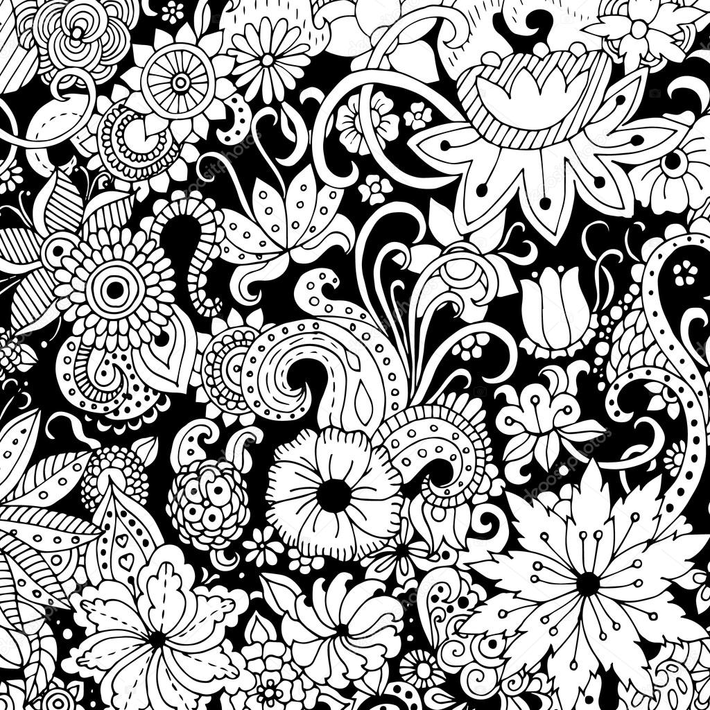 Download Hand drawn with ink background with doodles, flowers, leaves. Vector pattern black and white ...