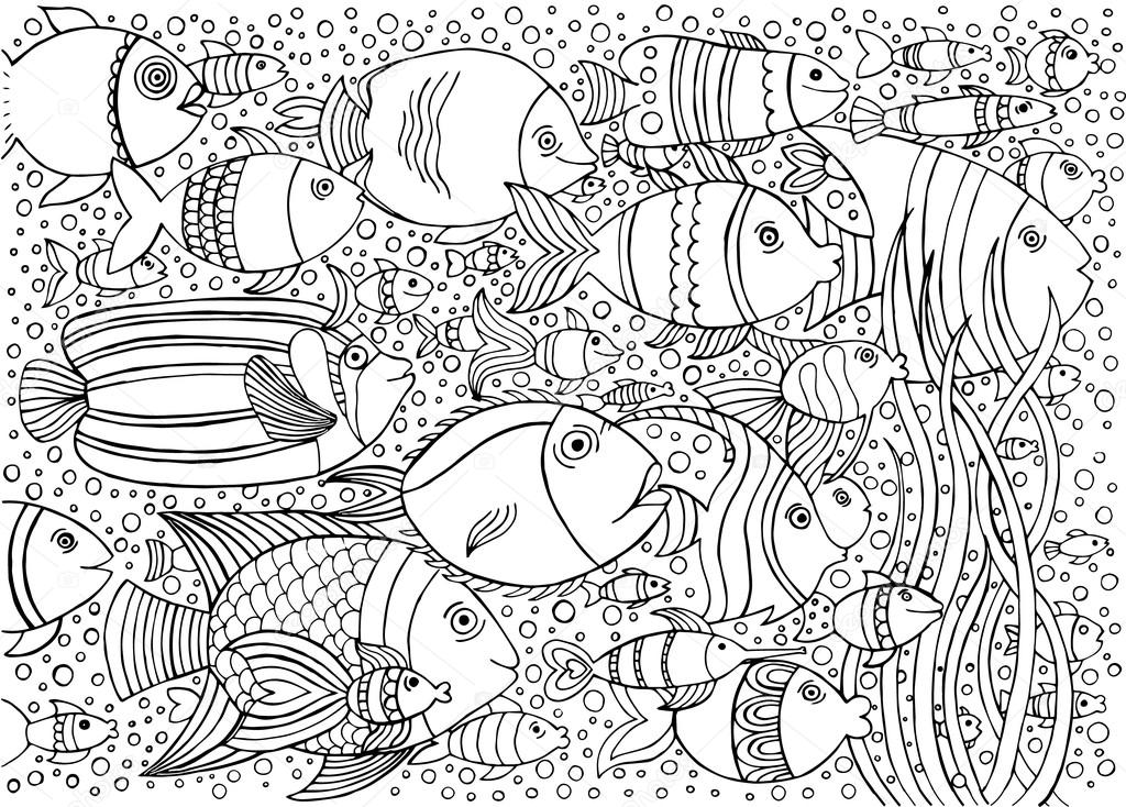 Hand drawn background with many fishes in the water. Sea life design for relax and meditation. Vector pattern black and white illustration can be used for coloring book pages for kids and adults. 