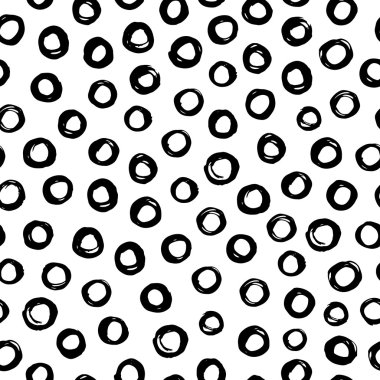 Siyah daireler ile mürekkep sorunsuz desen ile çizilmiş el. Soyut grunge dikişsiz desen. Beyaz arka planda daireler.