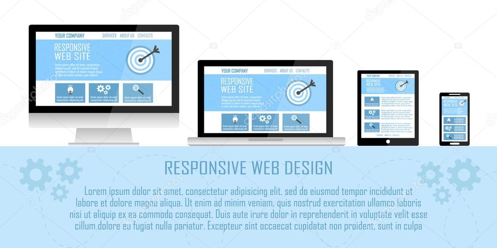 Responsive web site design flat concept in electronic devices: computer, laptop, tablet, mobile phone. 