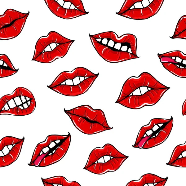 Naadloze patroon met vrouwelijke mond met rode lippen. Womens lippen op een witte achtergrond. Vectorillustratie van sexy lippen. — Stockvector