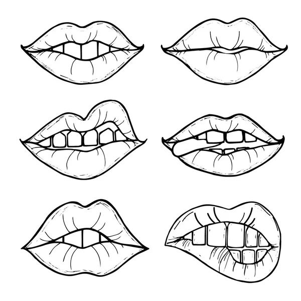 Boca feminina aberta com lábios pretos. Lábios femininos isolados em um fundo branco. Ilustração vetorial de lábios sexy . —  Vetores de Stock