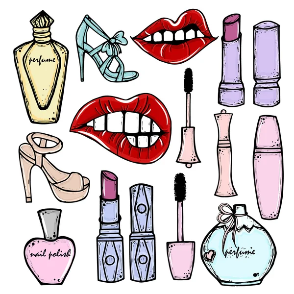 Cosmétiques dessinés à la main et objets de mode : rouge à lèvres, mascara, parfum, vernis à ongles, chaussures . — Image vectorielle