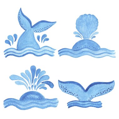 Suluboya mavi balina kuyruğu nesne, karikatür tarzı