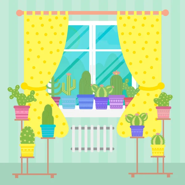 Рослини касті в горщиках на вікні, плоский стиль — стоковий вектор