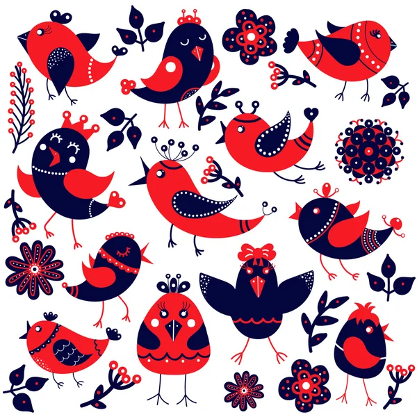Набор милых птиц, мультяшный стиль — стоковый вектор