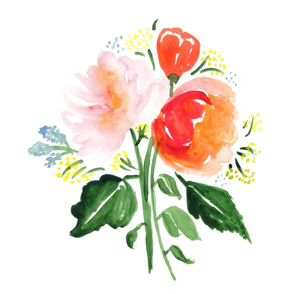 Buquê de aquarela desenhado à mão com rosas, folhas e flores abstratas isoladas em um fundo branco — Fotografia de Stock