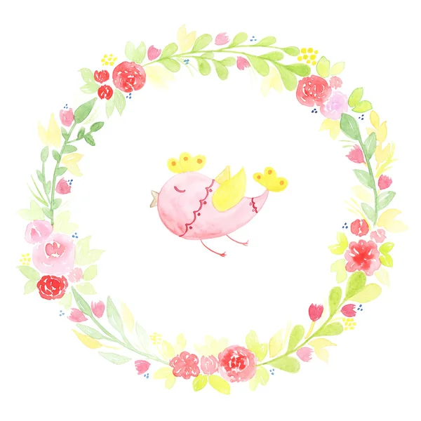 Hand drawn watercolor wreath with abstract flowers, leaves and cute bird isolated on a white background — Stock Photo, Image