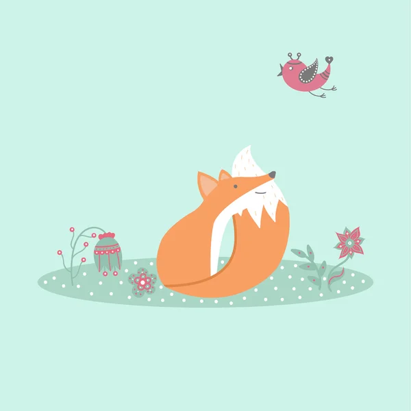 Schattig fox zittend op gazon in forest met vogel en bloemen in cartoon stijl — Stockvector